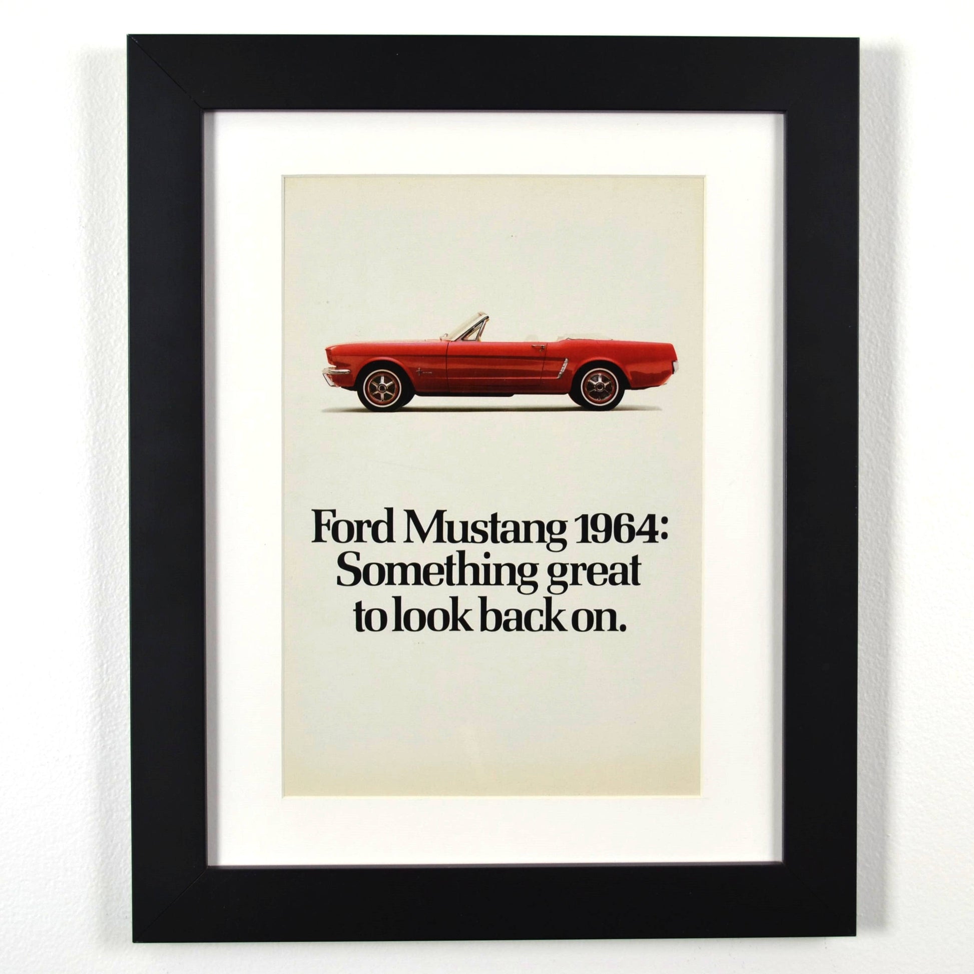 Framed red 1964 Ford Mustang Convertible Vintage Print Ad – Classic Pony Car Memorabilia Framed Wall Art