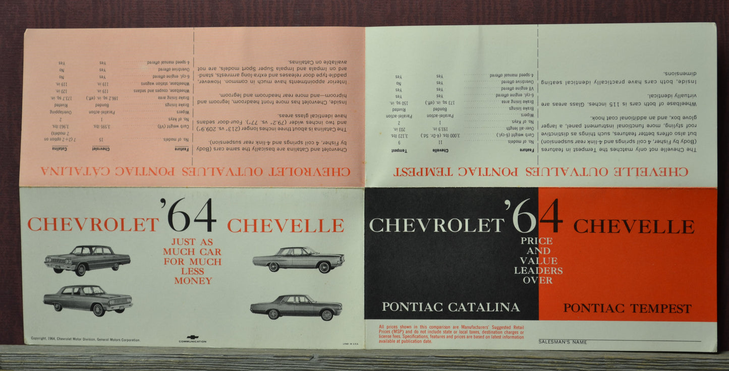 1964 Chevrolet Chevelle salesman brochure price guide charts comparison Pontiac Tempest Catalina vintage Chevrolet dealer literature