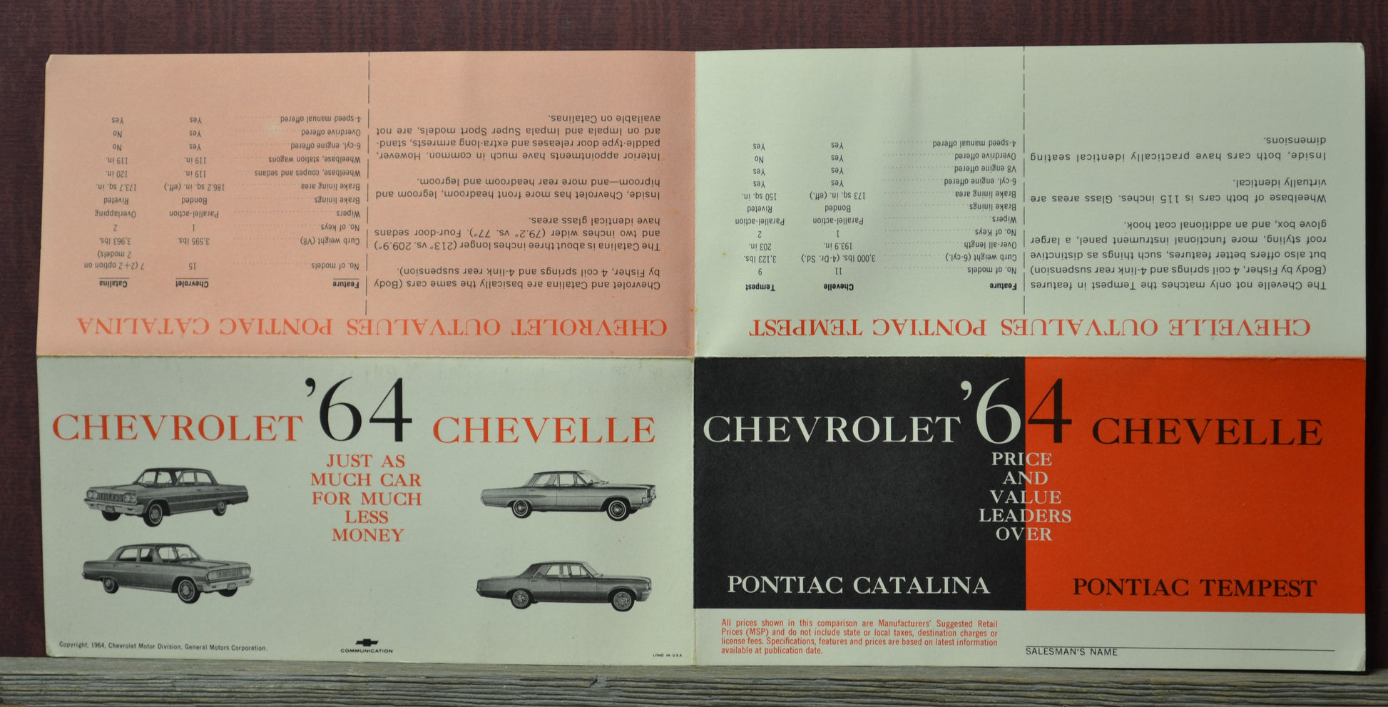 1964 Chevrolet Chevelle salesman brochure price guide charts comparison Pontiac Tempest Catalina vintage Chevrolet dealer literature