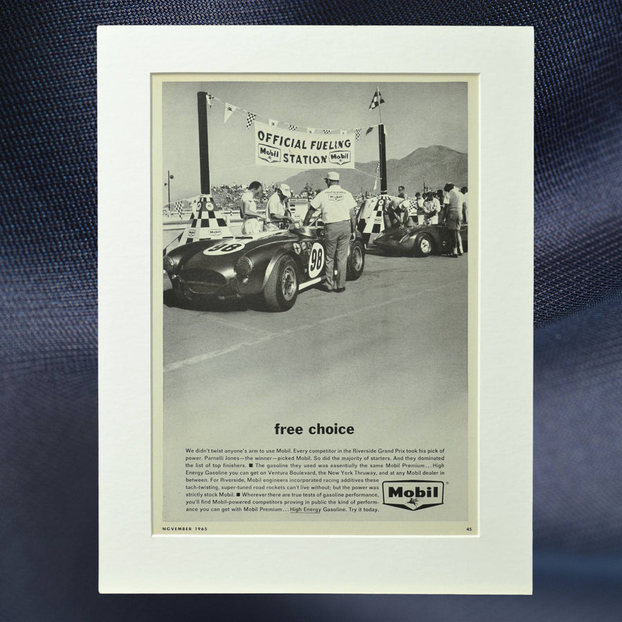 1965 Mobil vintage print ad featuring Shelby Cobra No. 98 at the Riverside Grand Prix fueling station. Driven by Ken Miles, Bob Bondurant, and Parnelli Jones.

