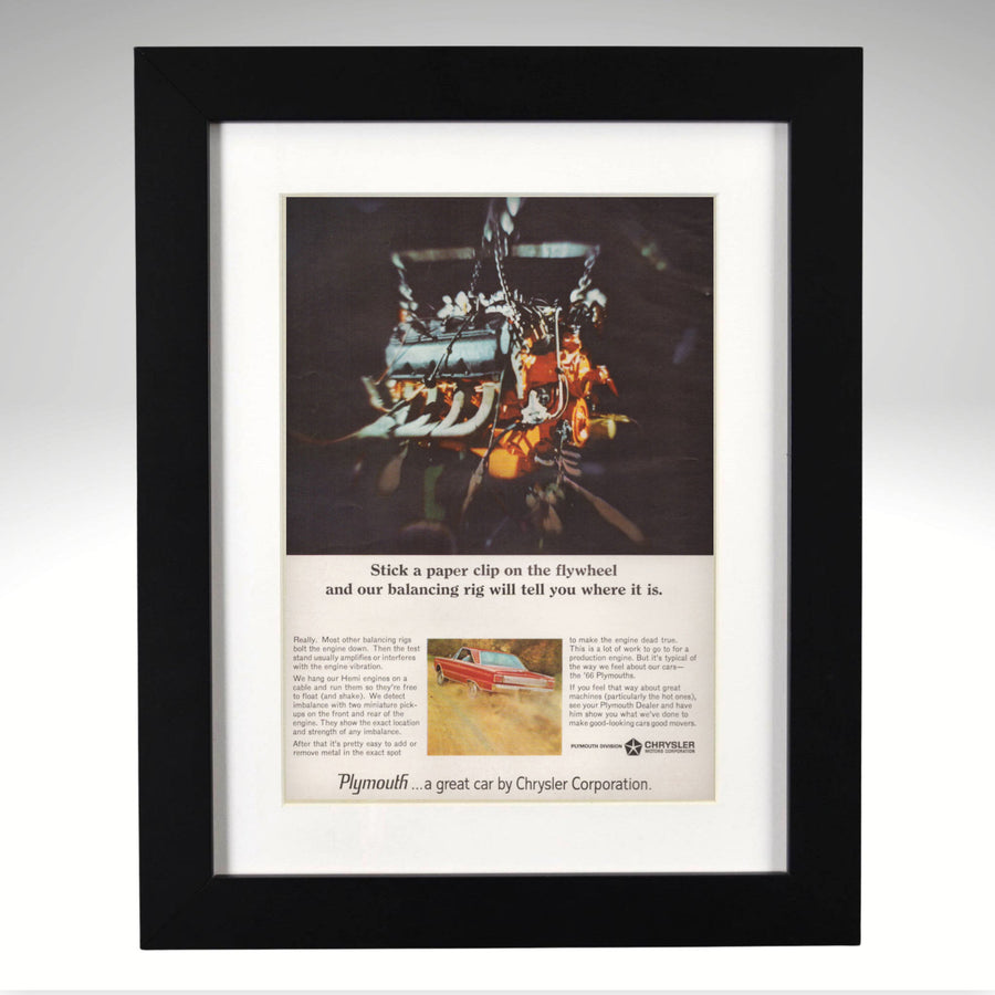 1966 Plymouth Hemi engine balancing ad in black wood frame, 12x15 overall
