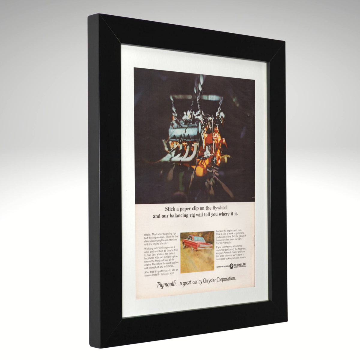 1966 Plymouth Hemi engine balancing ad in black wood frame, 12x15 overall side view
