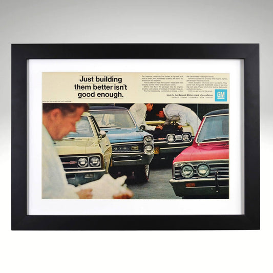 Framed 1967 GM ad featuring GTO, Chevelle SS, 442, and Buick GS muscle cars

