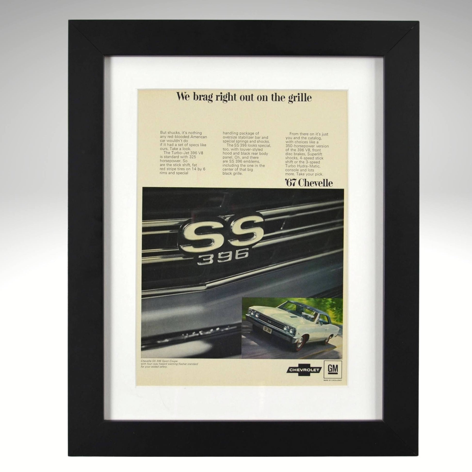Framed 1967 Chevrolet Chevelle SS 396 print ad – vintage close-up of SS grille and front-end action shot.


