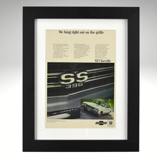 Framed 1967 Chevrolet Chevelle SS 396 print ad – vintage close-up of SS grille and front-end action shot.

