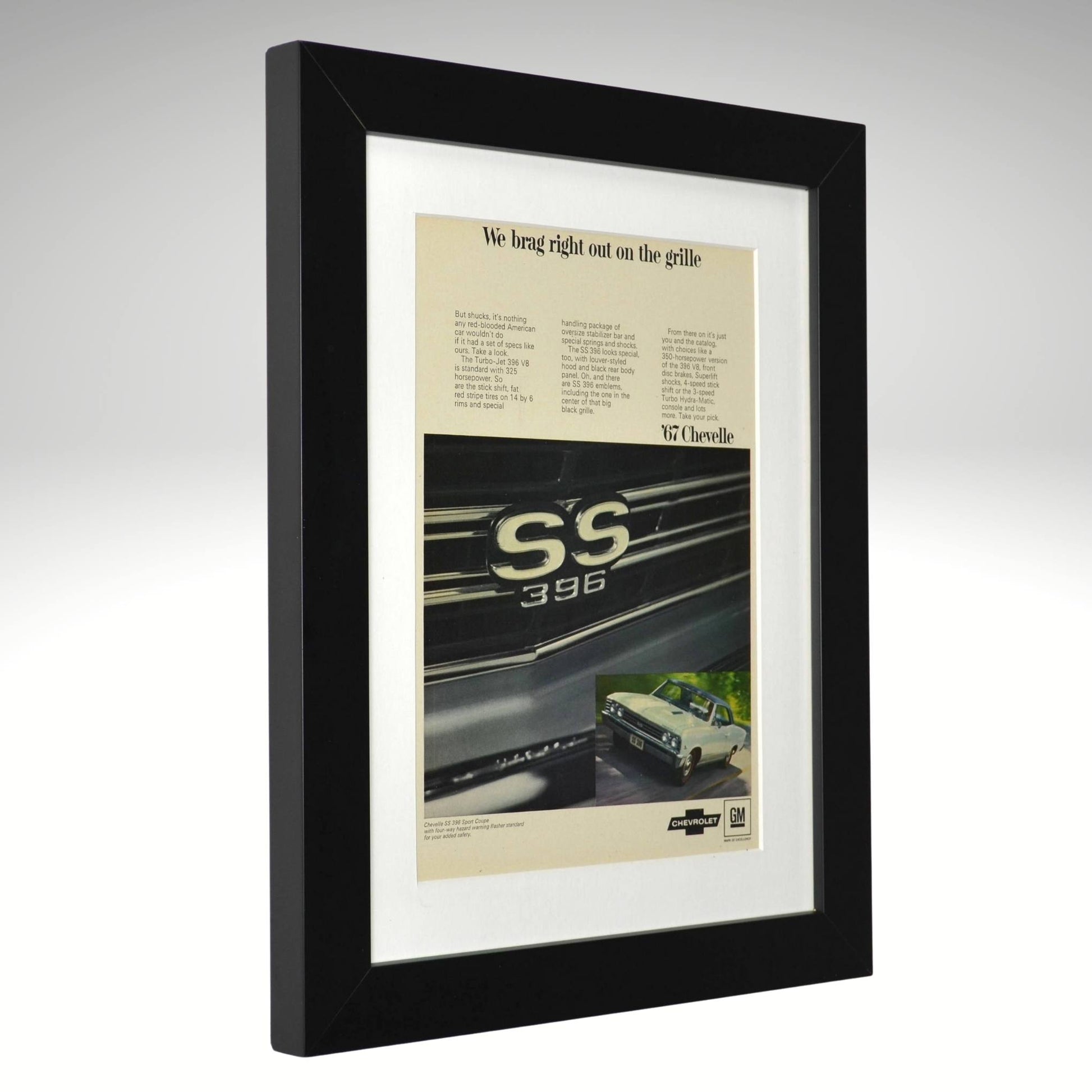 Framed advertisement for a Chevrolet SS 396 car on a gray background