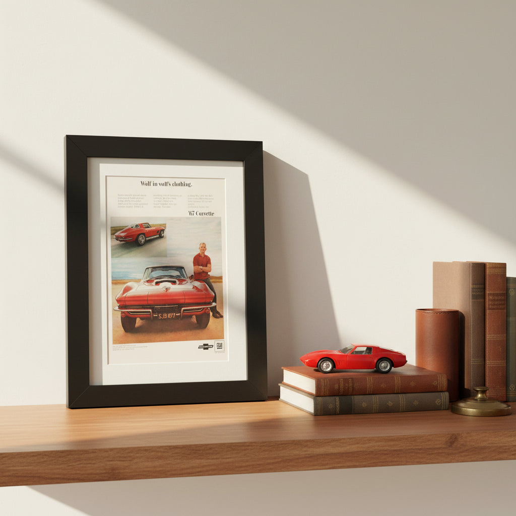 A framed vintage advertisement print featuring a red convertible car and text, displayed at an angle against a light gray gradient background.