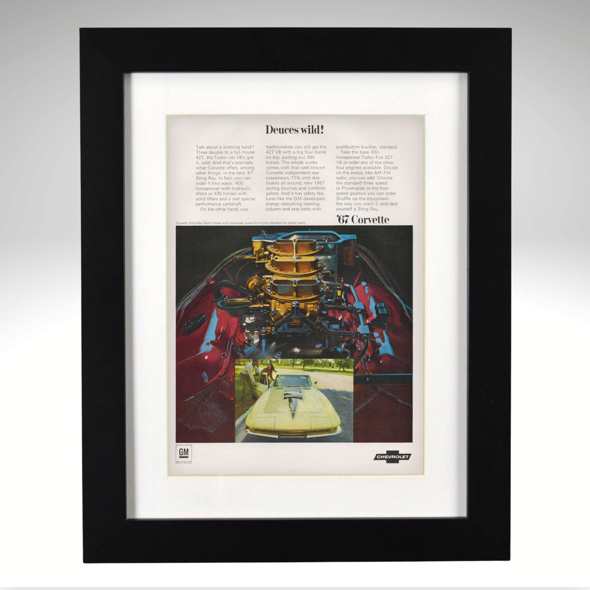 1967 Corvette Three Deuces original magazine ad in black frame, 12x15 overall