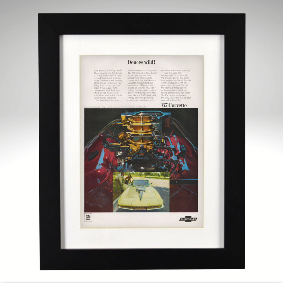 1967 Corvette Three Deuces original magazine ad in black frame, 12x15 overall