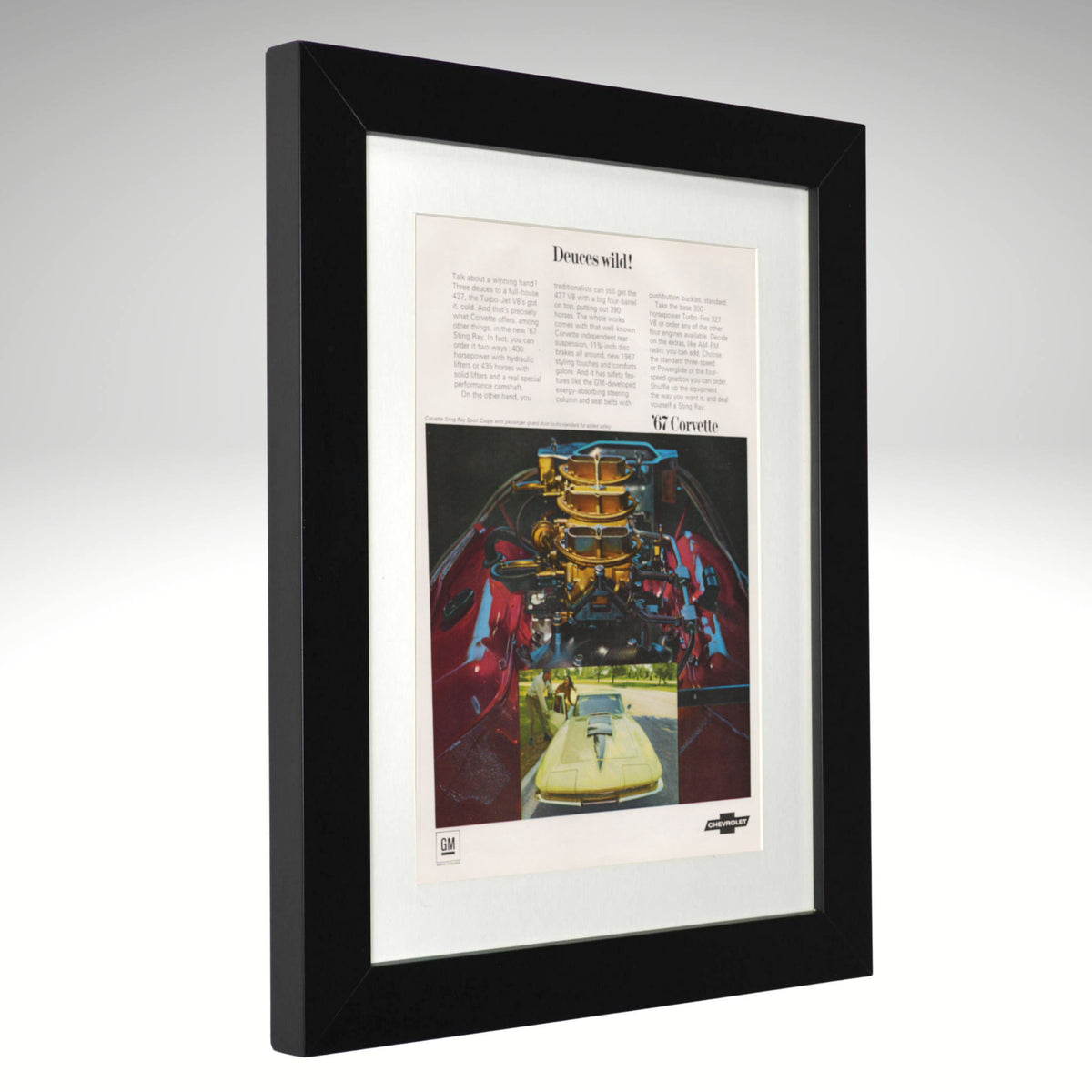 1967 Corvette Three Deuces original magazine ad in black frame, 12x15 overall side view