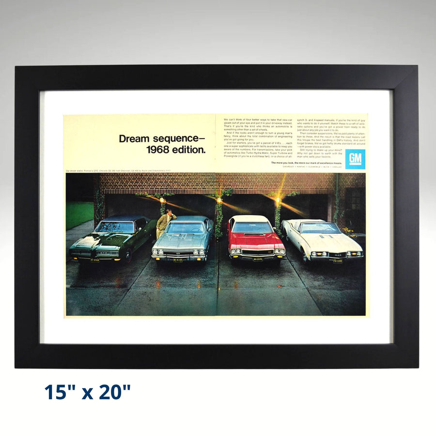 Framed 1968 GM muscle car lineup vintage print ad, featuring a Chevrolet Chevelle, Pontiac GTO, Buick GS and Oldsmobile 442. Professionally dry mounted and displayed in a 15x20 matte black frame, ready for wall display.