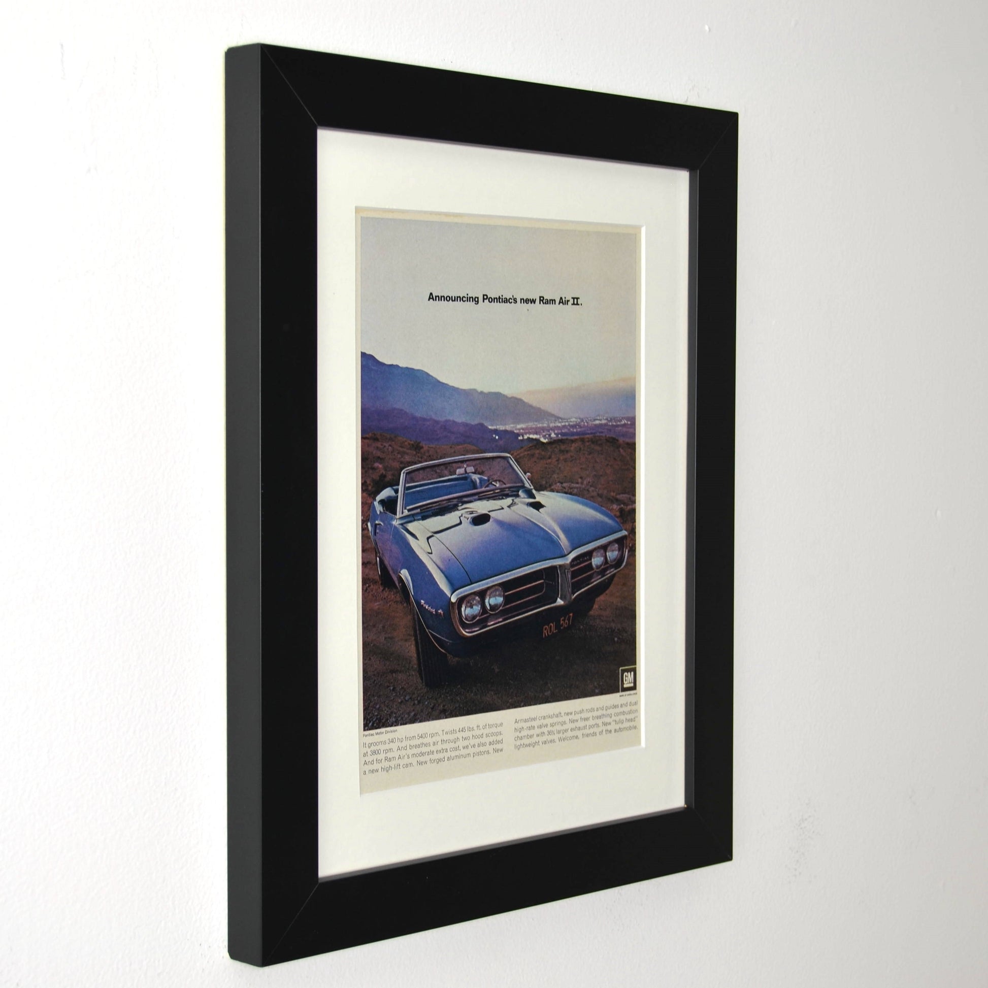 Framed 1968 Pontiac Firebird Ram Air II Ad – Vintage Classic Car Wall Art side view

