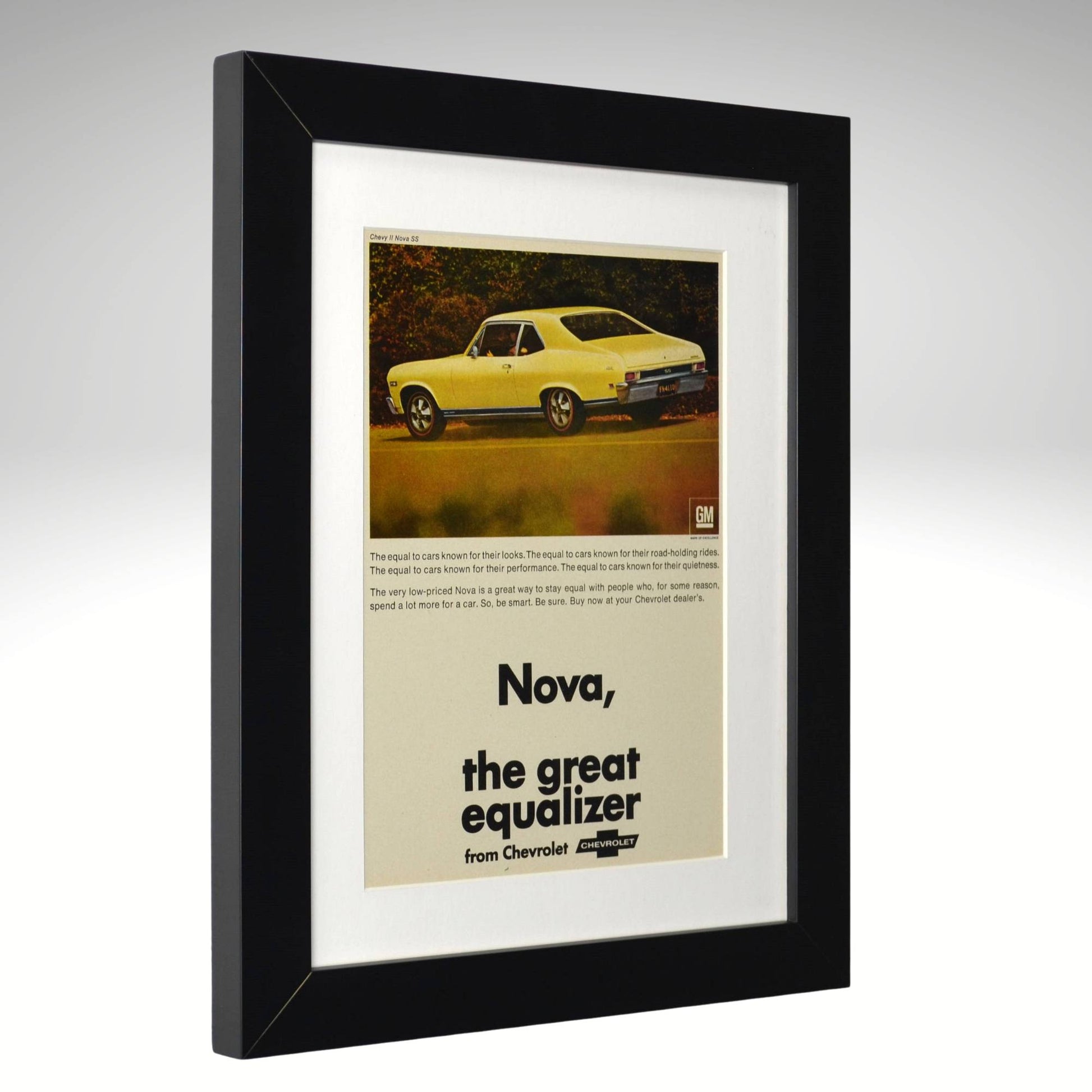 Framed vintage Chevrolet Nova SS advertisement on a gray background