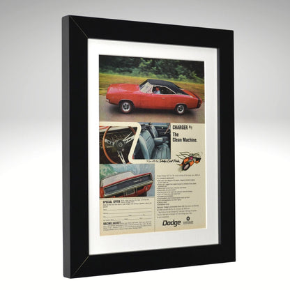 Framed Dodge advertisement with a red car on a gray background