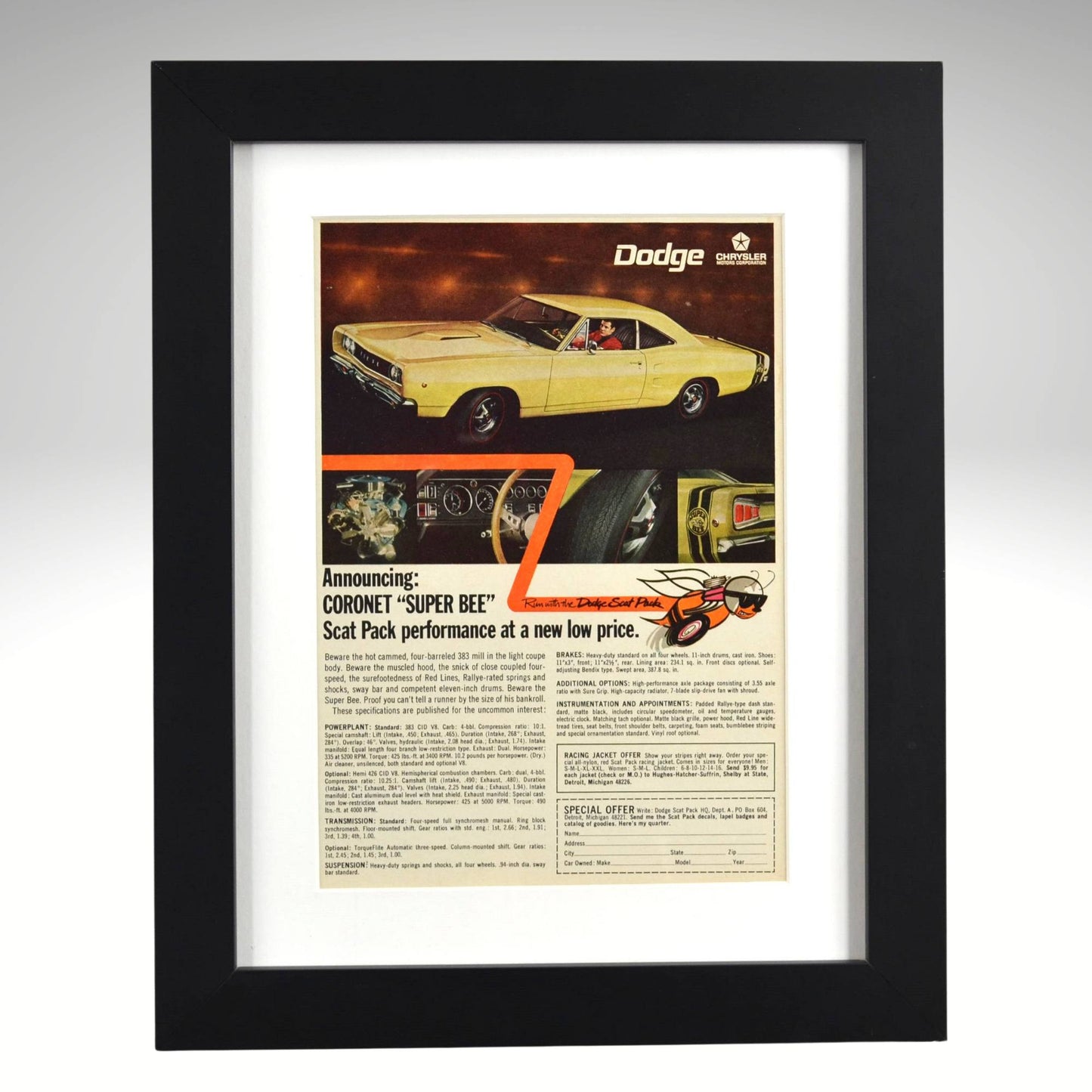 1968 Dodge Coronet Super Bee framed vintage ad Mopar Scat Pack wall art