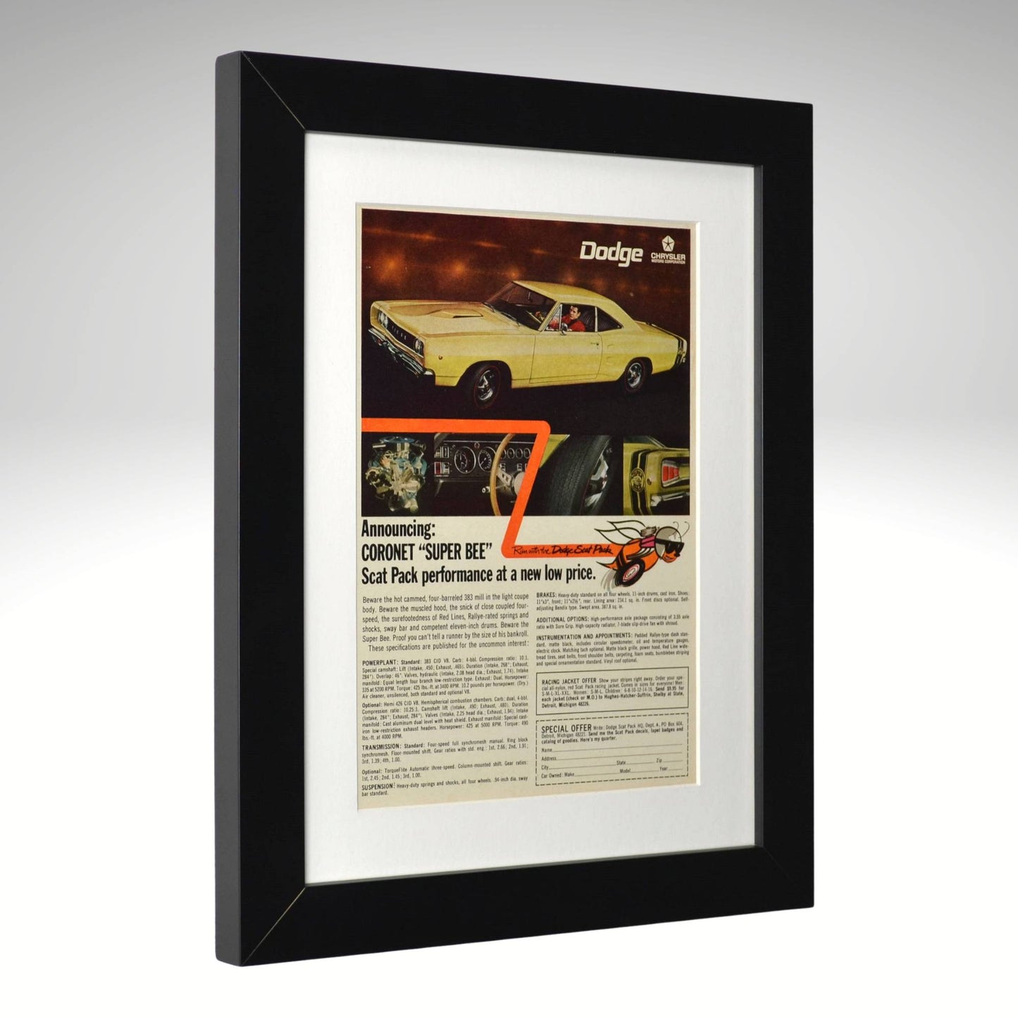Framed Dodge Coronet Super Bee advertisement on a white background