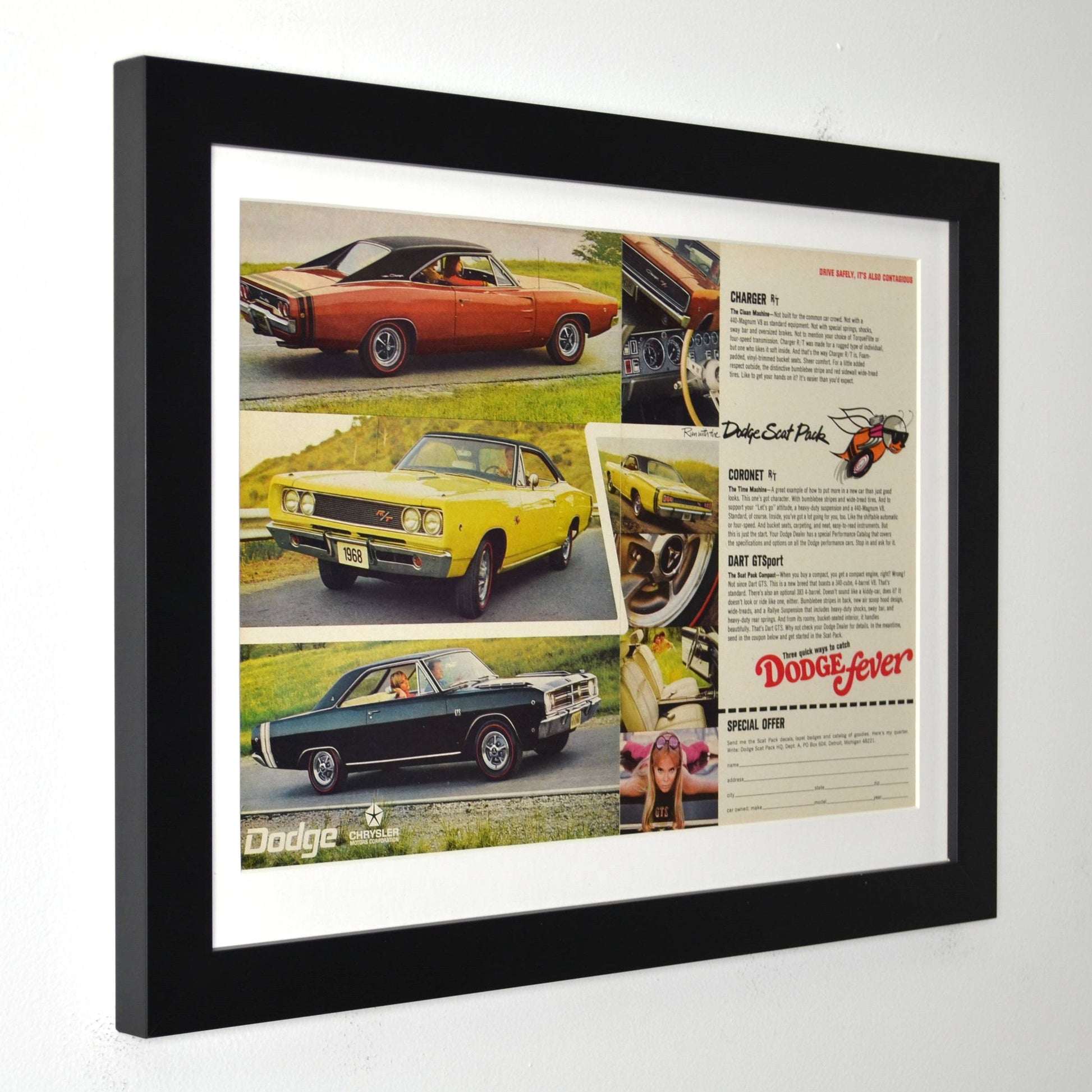 Framed collage of vintage Dodge cars and advertisements on a white background