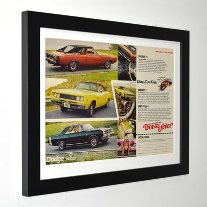 Framed collage of vintage Dodge cars and advertisements on a white background