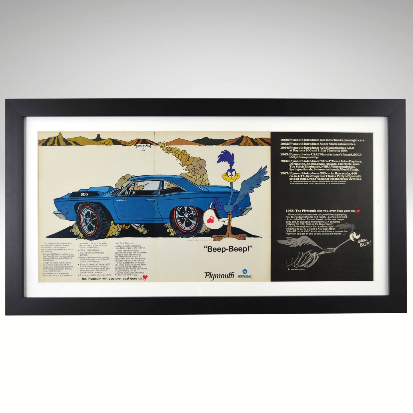 1968 Plymouth Road Runner vintage magazine ad framed 15x28 wall art