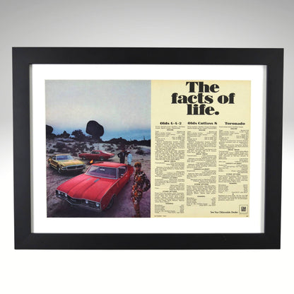 Framed advertisement with vintage 1968 Oldsmobile 442, Cutlass and Toronado