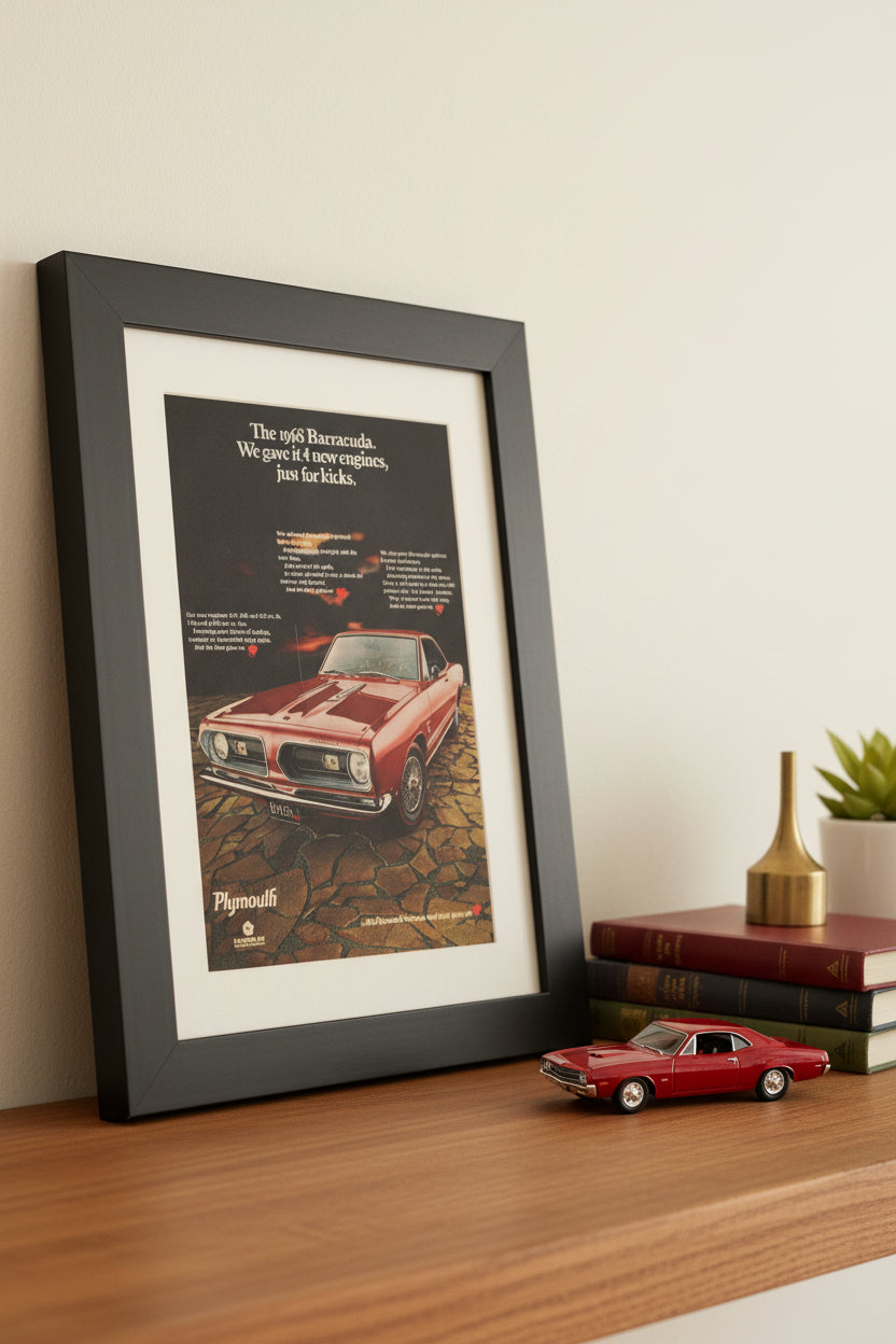 A framed vintage Plymouth Barracuda car advertisement print, shown at a three-quarter angle against a light gray gradient background. The print features a red muscle car on a cracked ground with white text above, set inside a white mat and a thick black frame.