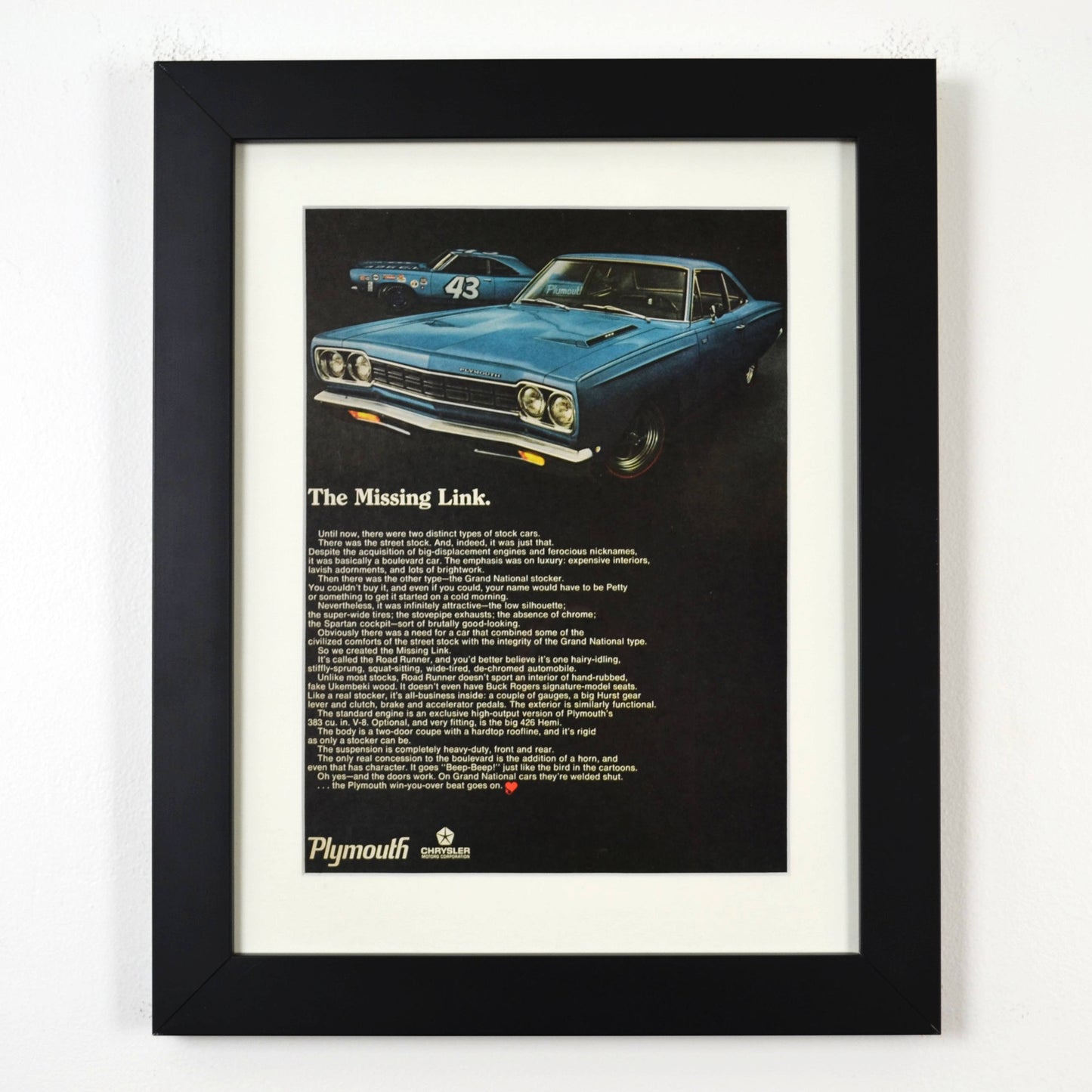 framed 1968 Plymouth Road Runner vintage print ad – classic Mopar muscle car art