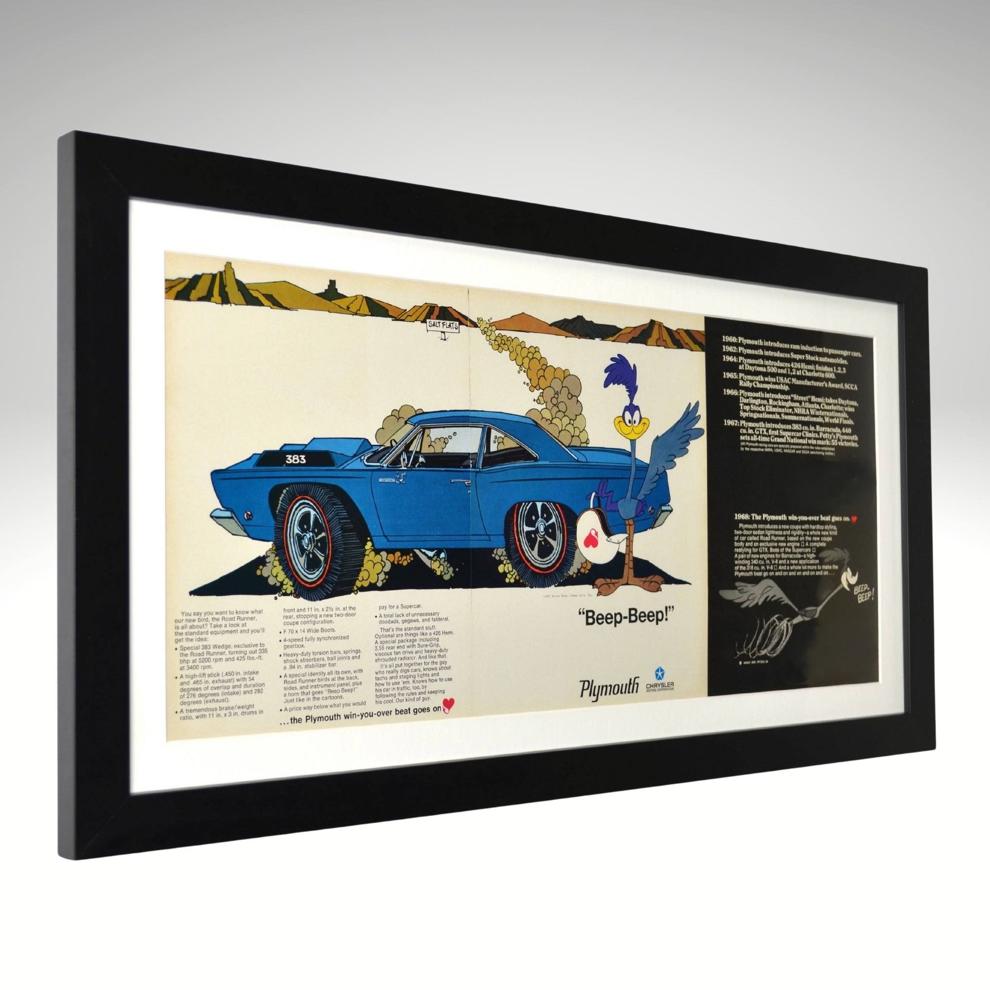 Road Runner 383 muscle car cartoon ad original magazine print framed