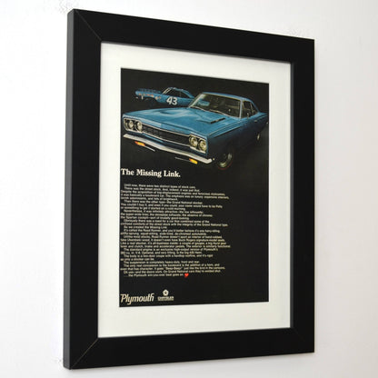 Side view of framed 1968 Plymouth Road Runner vintage print ad – classic Mopar muscle car art