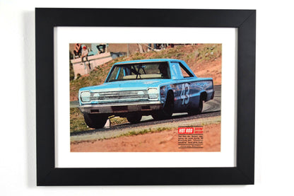 Side view of framed 1968 Richard Petty at Riverside vintage print – classic NASCAR racing wall art, Mopar collectible