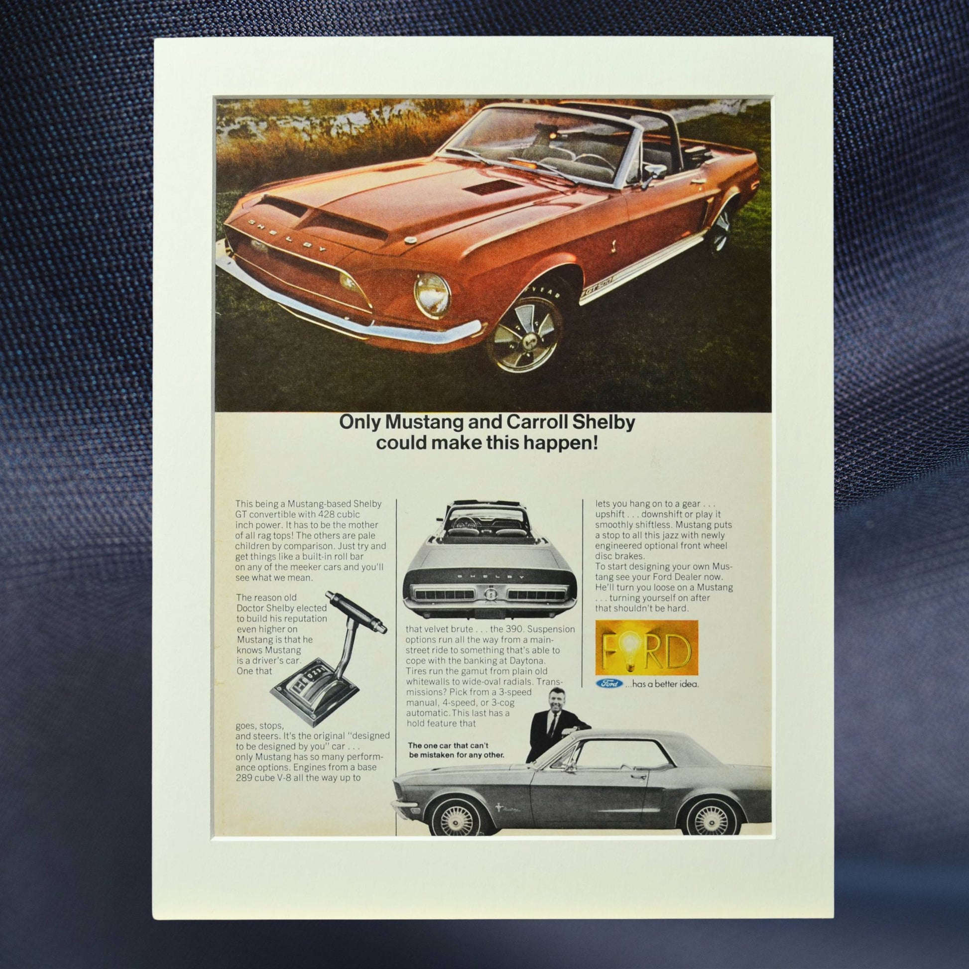 1968 Shelby GT-500 Convertible vintage print ad featuring the classic Mustang in bold styling, a true piece of Ford performance history.

