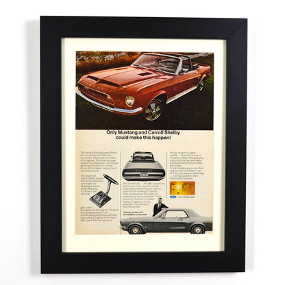 Framed 1968 Shelby GT-500 Convertible vintage print ad featuring the classic Mustang in bold styling, a true piece of Ford performance history.

