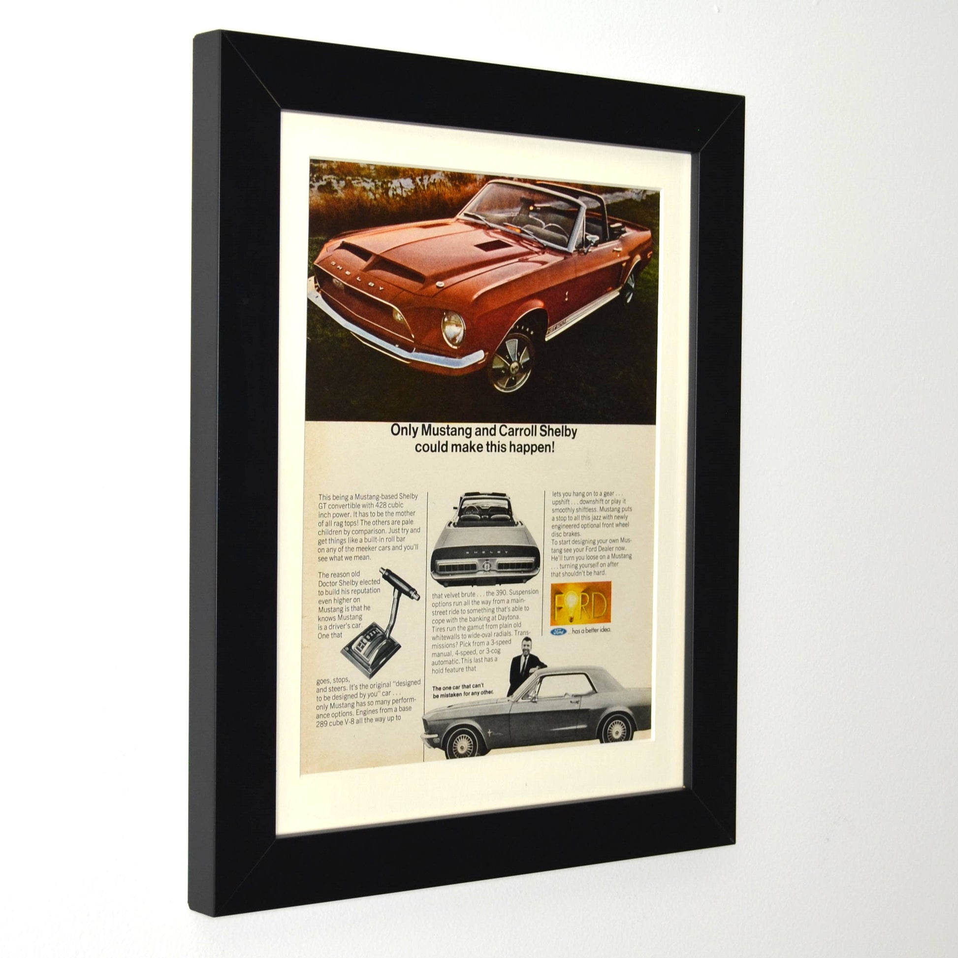 Framed side view of red 1968 Shelby GT-500 Convertible vintage print ad featuring the classic Mustang in bold styling, a true piece of Ford performance history.

