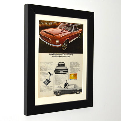 Framed side view of red 1968 Shelby GT-500 Convertible vintage print ad featuring the classic Mustang in bold styling, a true piece of Ford performance history.

