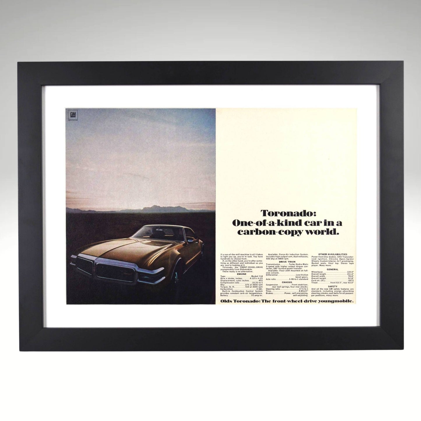 Framed 1968 Oldsmobile Toronado ad print with carbon-copy world quote – 15x20 vintage car wall art

