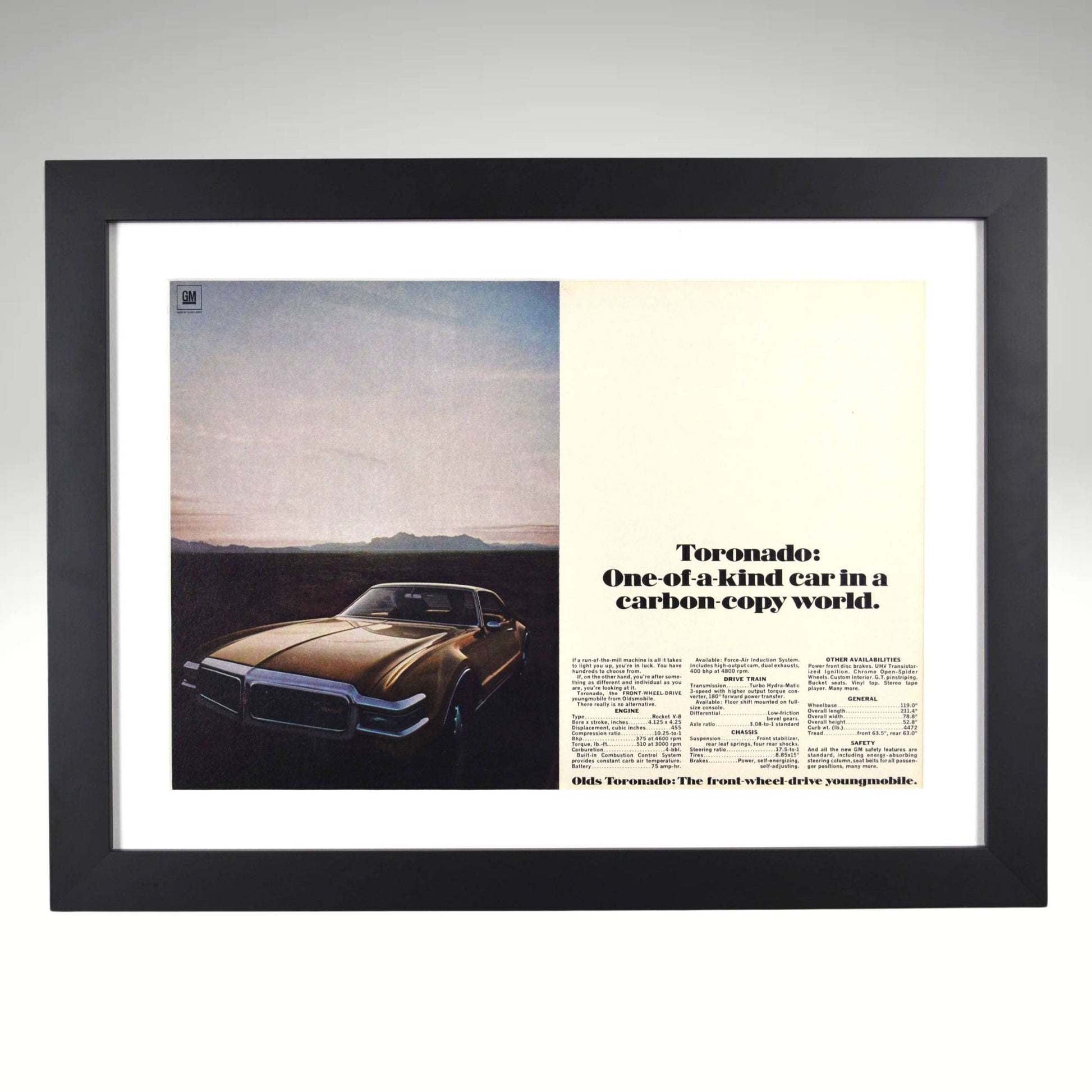 Framed 1968 Oldsmobile Toronado ad print with carbon-copy world quote – 15x20 vintage car wall art

