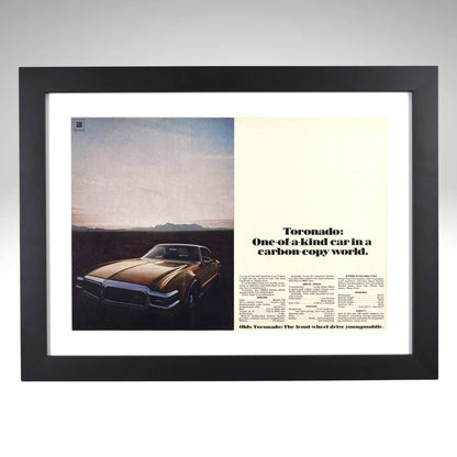 Framed 1968 Oldsmobile Toronado ad print with carbon-copy world quote – 15x20 vintage car wall art


