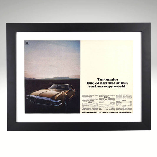 Framed 1968 Oldsmobile Toronado ad print with carbon-copy world quote – 15x20 vintage car wall art

