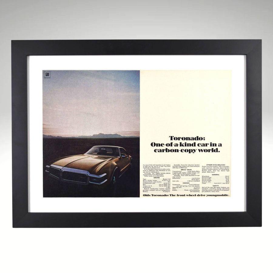 Framed 1968 Oldsmobile Toronado ad print with carbon-copy world quote – 15x20 vintage car wall art

