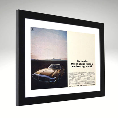 Framed 1968 Oldsmobile Toronado ad print with carbon-copy world quote – 15x20 vintage car wall art side view

