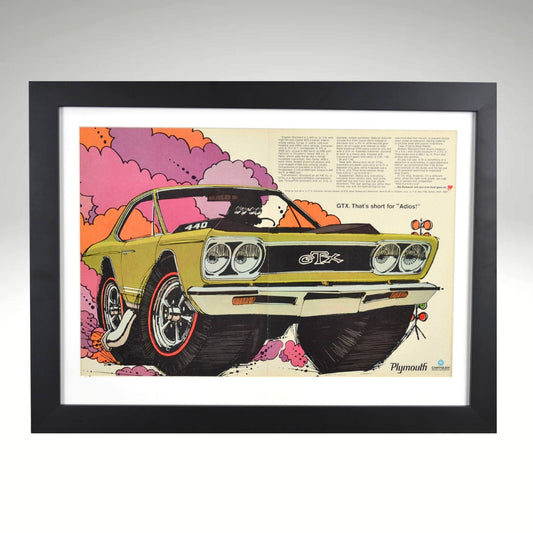 1968 Plymouth GTX framed vintage print ad featuring vibrant art, MOPAR muscle design, and 15" x 20" dimensions.

