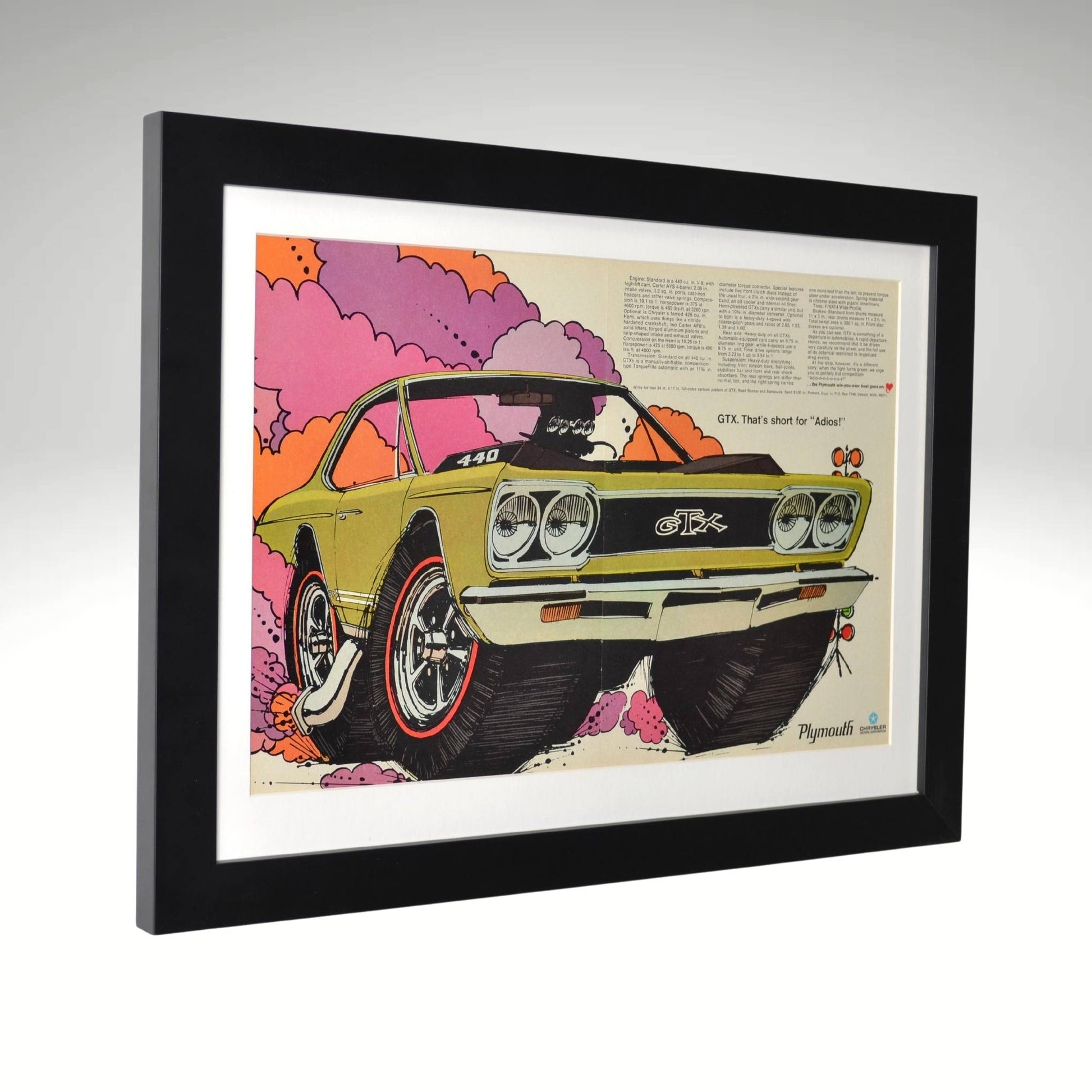 Side view of 1968 Plymouth GTX framed vintage print ad featuring vibrant art, MOPAR muscle design, and 15" x 20" dimensions.

