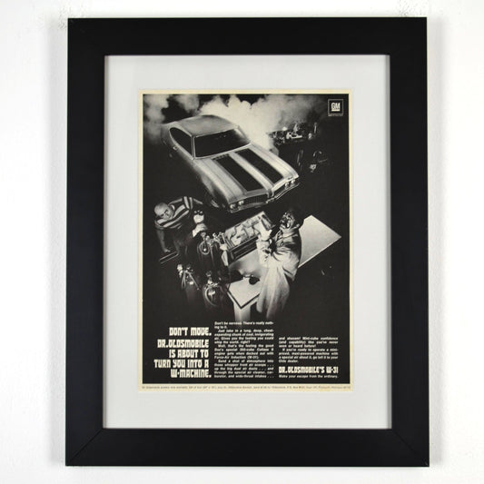 Framed 1969 Oldsmobile 442 W-Machine ad print featuring Dr. Oldsmobile – 12x15 vintage automotive wall art