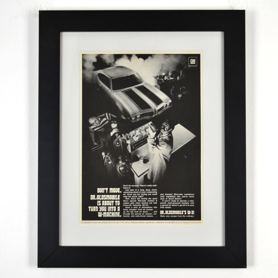 Framed 1969 Oldsmobile 442 W-Machine ad print featuring Dr. Oldsmobile – 12x15 vintage automotive wall art