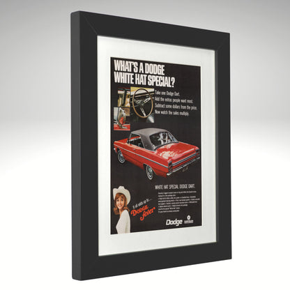 Framed 1969 Dodge advertisement with a red car on a white background
