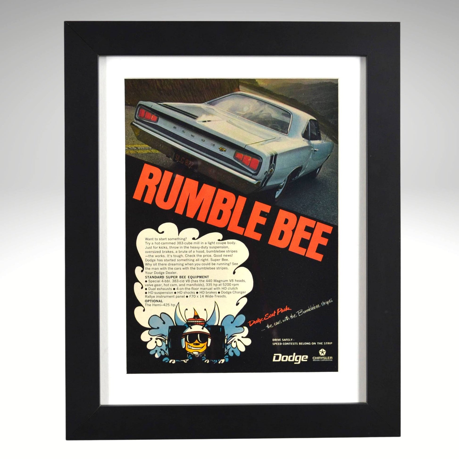 1969 Dodge Super Bee Rumble Bee framed vintage ad Mopar muscle wall art