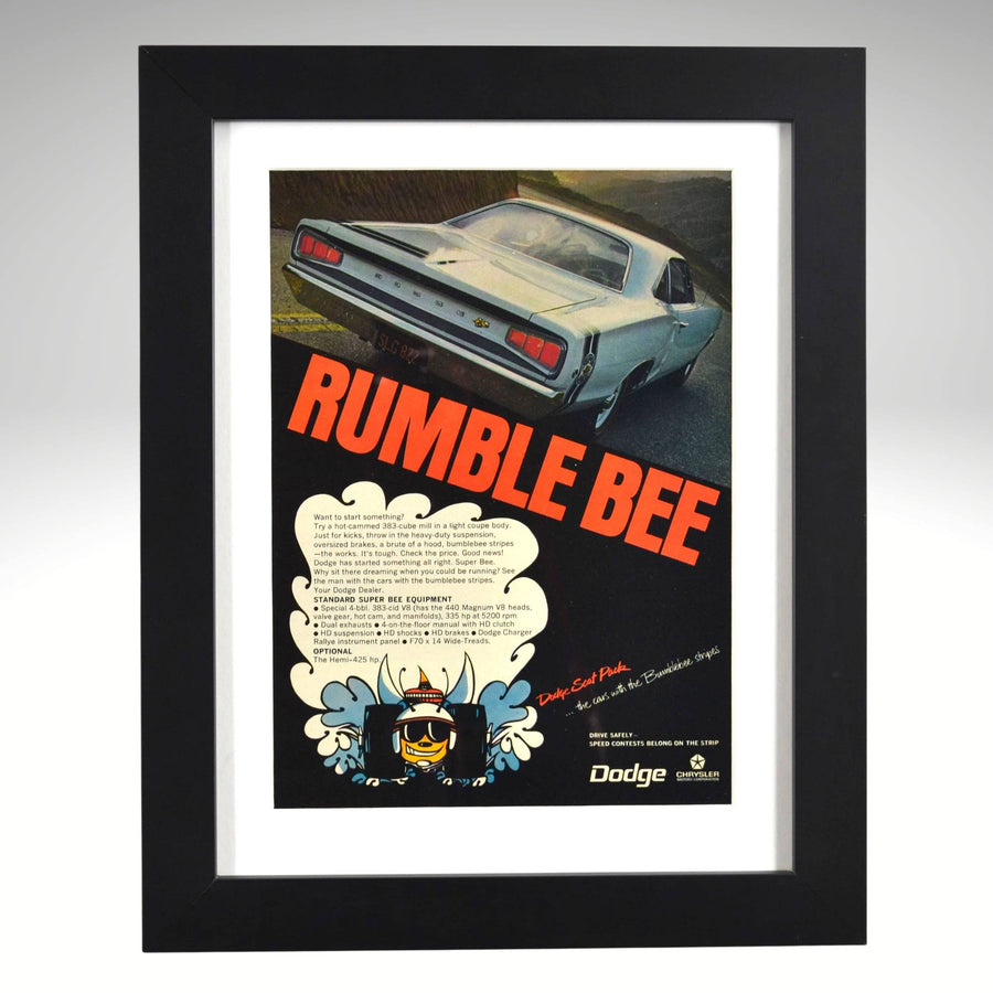 1969 Dodge Super Bee Rumble Bee framed vintage ad Mopar muscle wall art