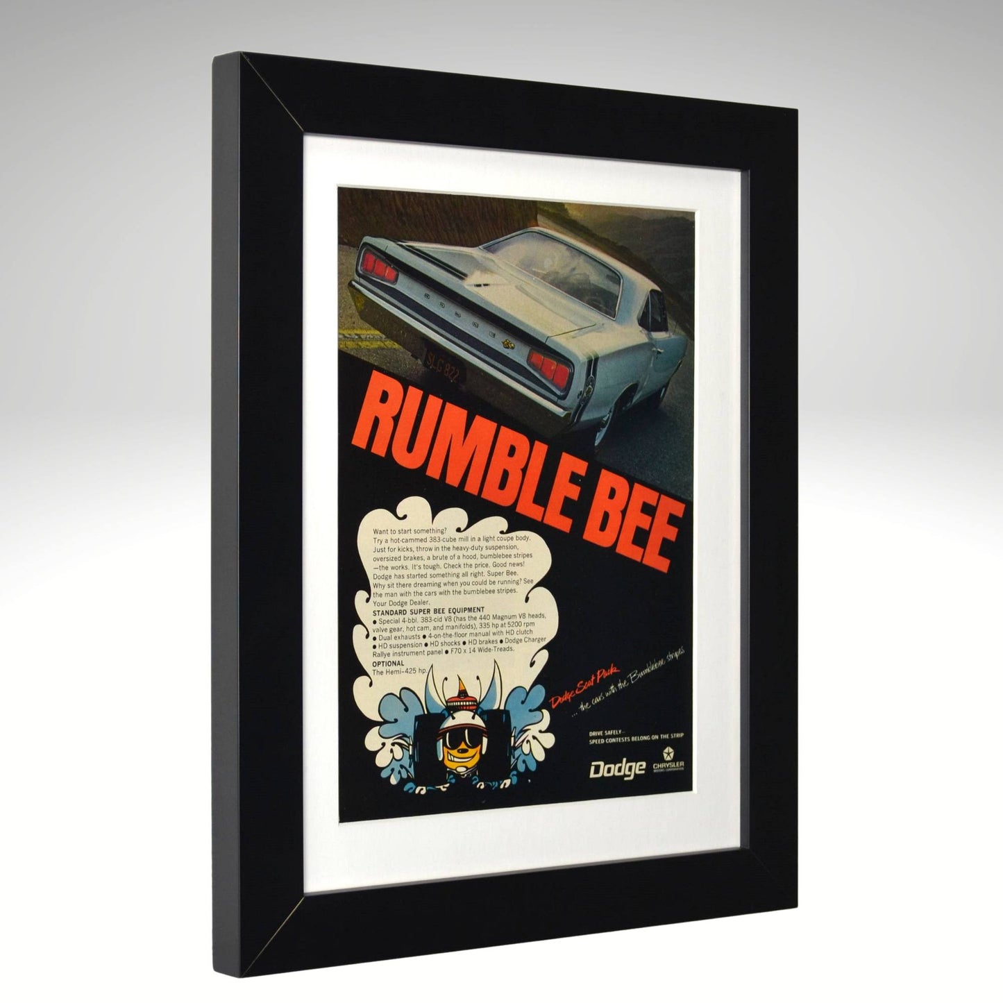 Framed poster of a classic car with 'Rumble Bee' text, featuring a black frame.