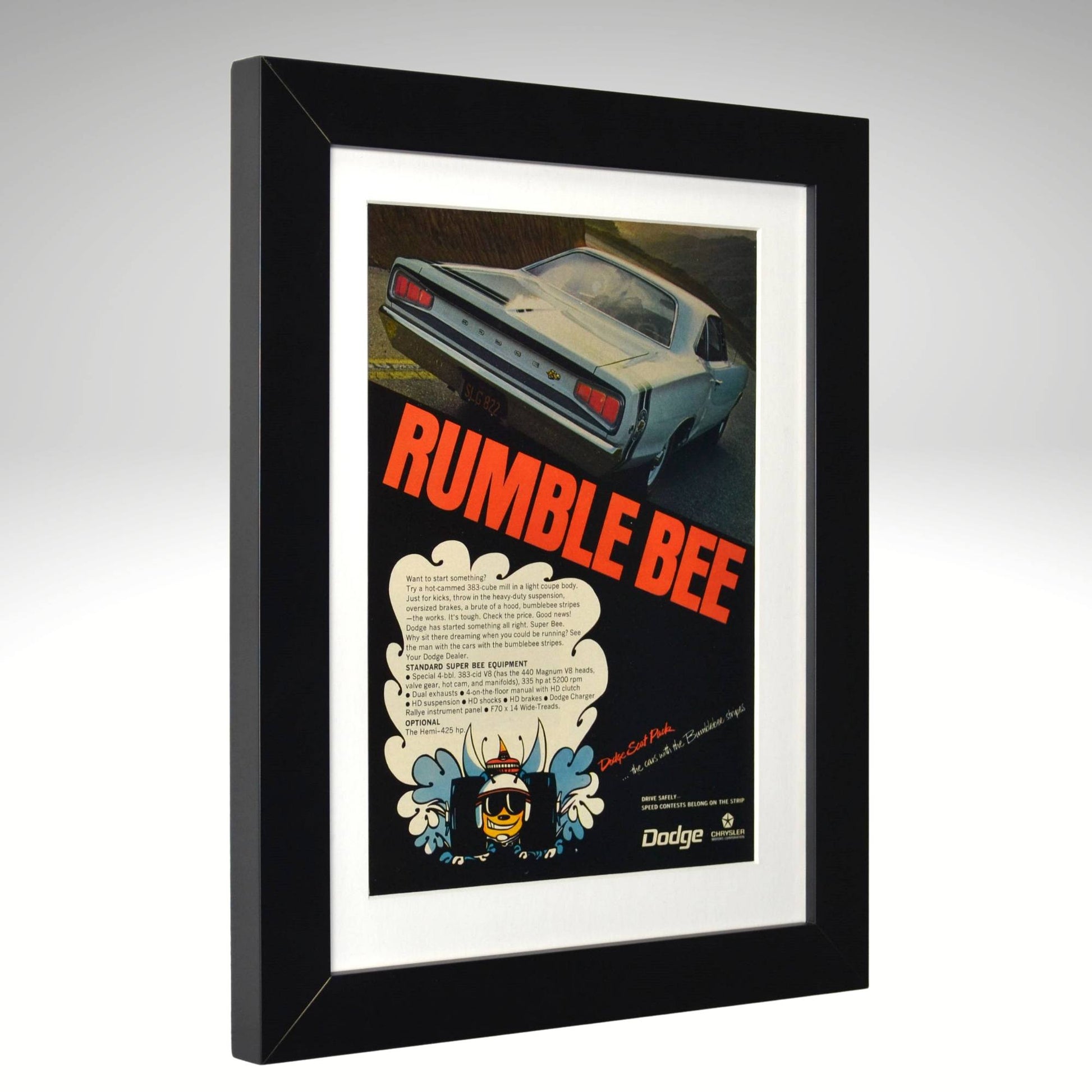 Framed poster of a classic car with 'Rumble Bee' text, featuring a black frame.