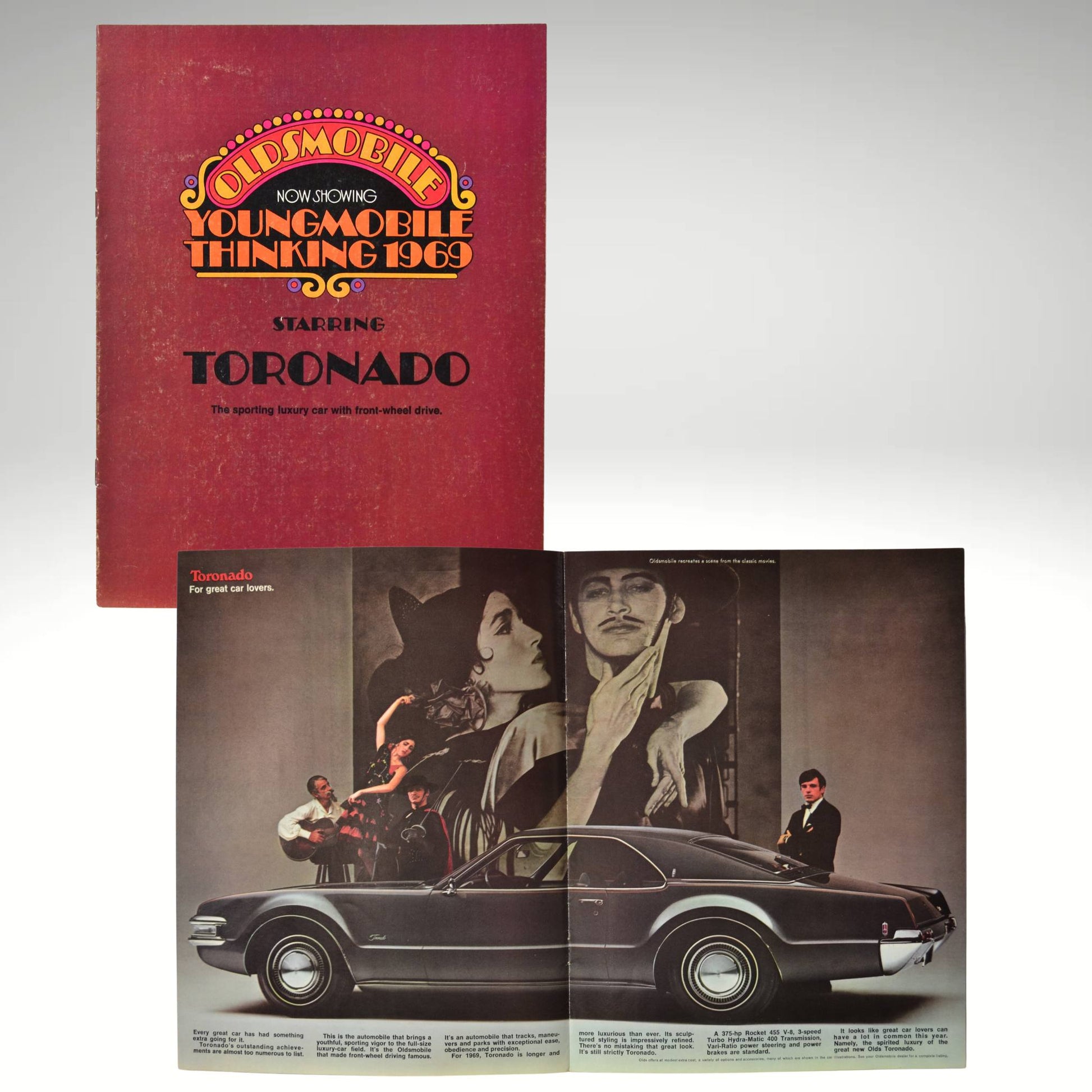 1969 Oldsmobile Toronado brochure cover with "Youngmobile Thinking" design and side profile with flamenco scene and promotional text