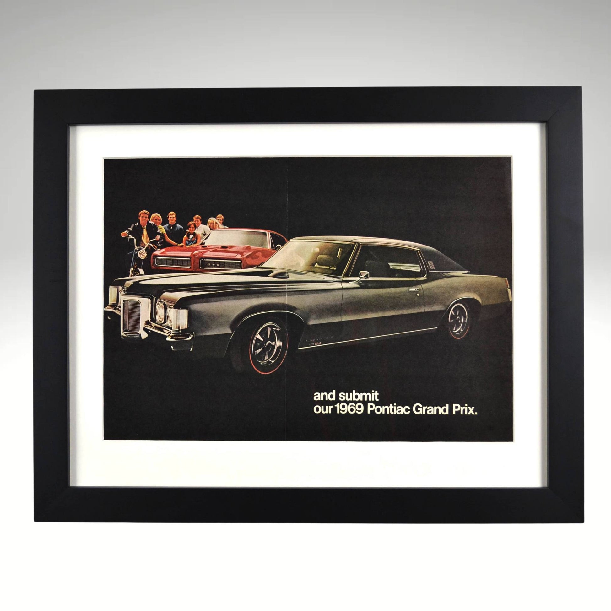 Framed 1969 Pontiac Grand Prix and GTO vintage magazine ad – 15x19 two-page original print, dry mounted and newly framed for garage or mancave decor